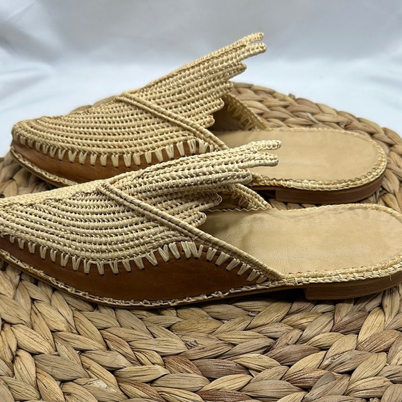 Woman’s  Tan Leather and Cream Woven Raffia Slippers Very Unique - Picture 4 of 6